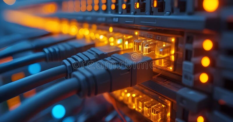 Close-up view of network switch with ethernet cables connected. Concept for data center, networking, internet, and technology.. High quality photo AI generated