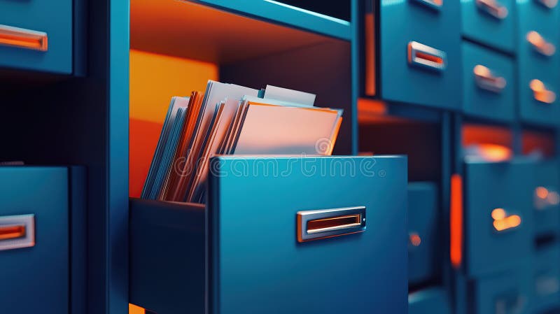 Open file cabinet drawer with documents in office setting royalty free illustration