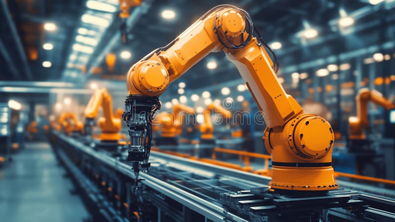 Industrial Orange Robotic Arm on Automated Assembly Line in Factory vector illustration.