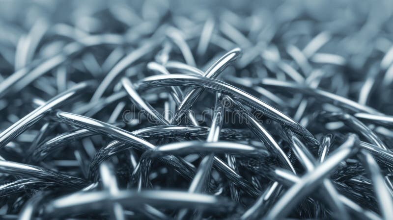 A close-up view of a pile of interconnected metal rods, forming a complex web-like structure. The image presents a close-up view of a complex structure composed of numerous interconnected metal wires. The wires are arranged in a way that creates a network of intersecting lines, forming a dense and intricate pattern. The wires appear to be metallic and have a shiny, reflective surface. The image is captured in a slightly blurred, out-of-focus style, emphasizing the intricate details of the wire structure. The predominant color of the image is a cool blue, which complements the metallic appearance of the wires. AI generated