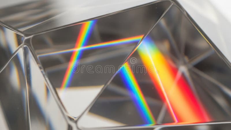 This image depicts a close-up view of a prism refracting light into a visible spectrum. The prism is made of clear material and is stock illustration
