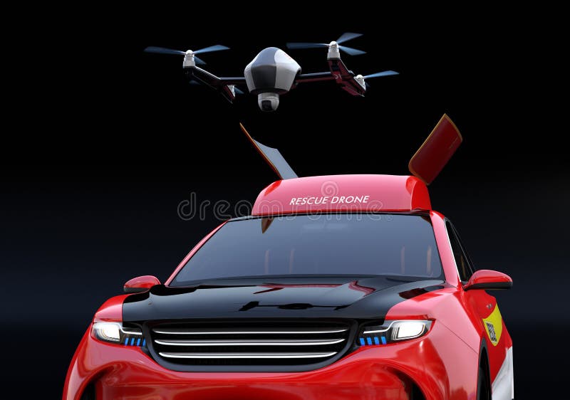 Close-up view of quadcopter drone take off from electric rescue SUV