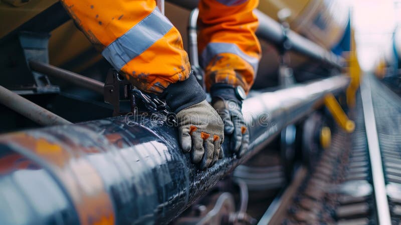 Rail worker in safety gear securing train equipment on tracks stock illustration