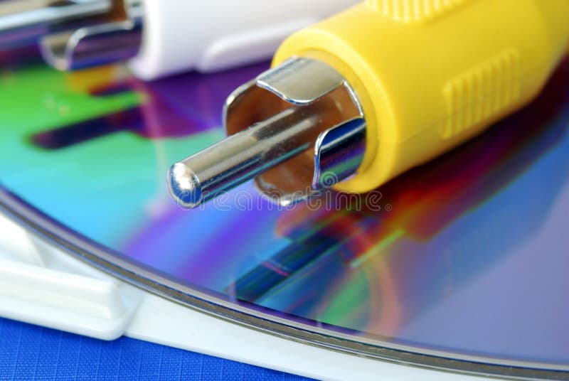 Close-up view of the RCA video cable on a CD royalty free stock photos