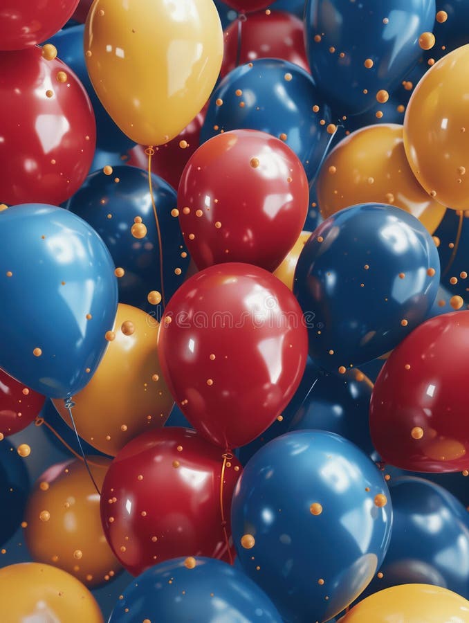 Close-up view of red, blue, and gold balloons floating in a cluster, decorating an office event. Generative AI stock photos