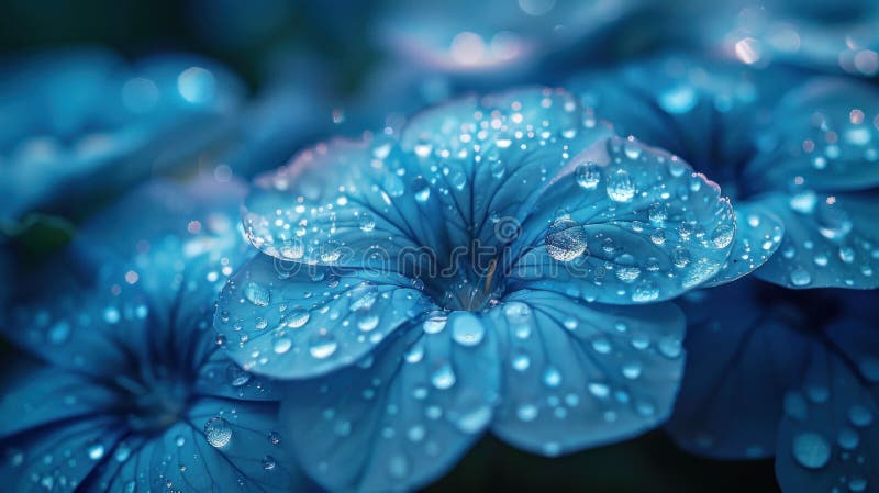 Close-up view of refreshing dew drops adorning the delicate petals of blue hydrangea flowers in soft light royalty free illustration
