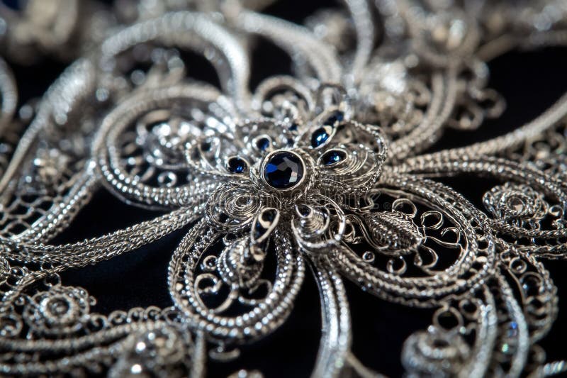 Close-up view reveals the captivating details of intricate silver filigree jewelry, featuring delicate patterns and stock photography