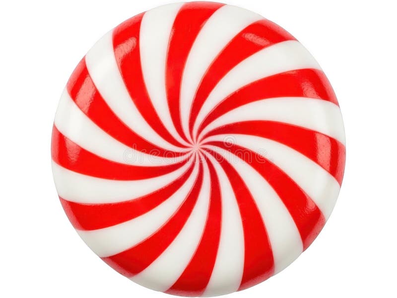 This image shows a round peppermint candy with a smooth, shiny surface. The candy is predominantly white with bold, spiraling red stripes. The stripes create a visually appealing contrast against the white background, emphasizing the candy's round shape and smooth texture. Peppermint stripes vectors