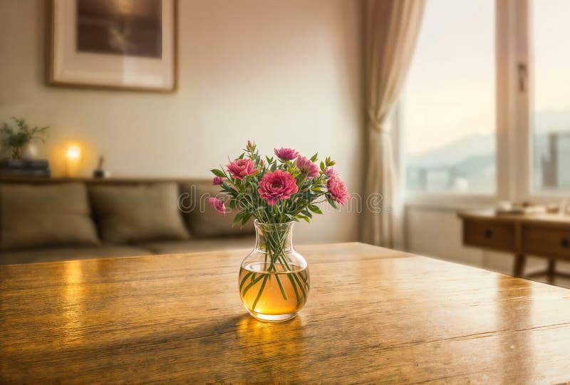 Close-up view with selective focus on flowers in glass transparent vase with water on table indoors royalty free illustration