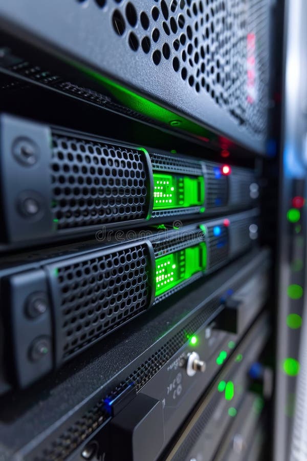 Close-Up View of Servers in Data Center Modern Technology and Network Infrastructure royalty free illustration