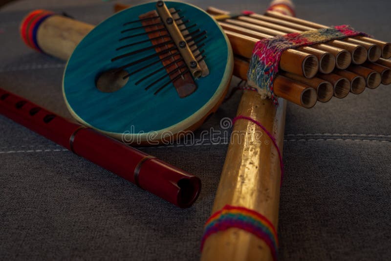 Peruvian Instruments Handmade in Peru on a Sofa. Concept of Traditional