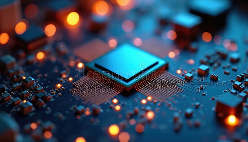 Close up view shows microchip on tech circuit board with glowing orange lights. Modern hi tech innovation photo displays computer royalty free illustration