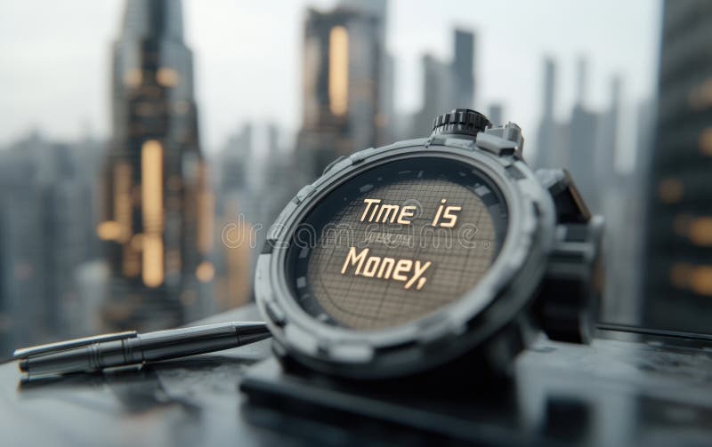A close-up view of a sleek digital watch displaying the phrase Time is Money, with a modern urban skyline in soft focus behind it, capturing a moment of reflection at dusk. AI generated
