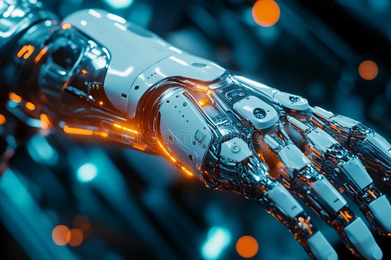 A close-up view of a sleek robotic arm featuring intricate circuitry and glowing lights, emphasizing advanced technology in a vector illustration
