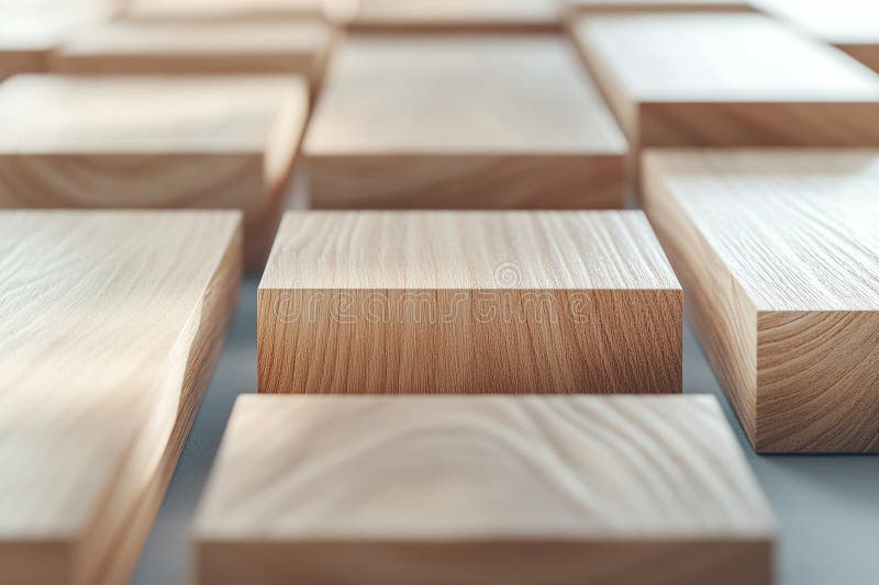 Close-up view of smooth polished wooden blocks highlighting the distinctive grain patterns and textures in a well-lit setting. The arrangement emphasizes craftsmanship and material quality. AI generated