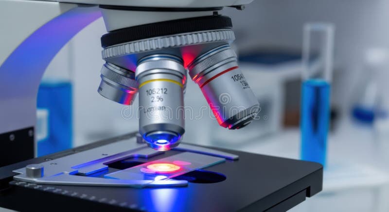 Advanced microscope in a biotechnology lab illuminating scientific research and discovery stock illustration