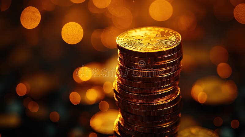 A close-up view of a stack of shiny gold coins against a dark background. stock photography