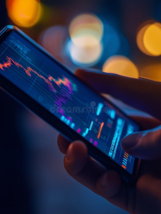 Close up view of stock market app displaying data on smartphone during evening city ambiance stock photos