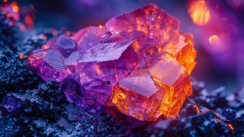 Vibrant Mineral Cluster With Purple and Orange Hues Glowing in a Dark Background During an Artistic Light Display royalty free stock photos