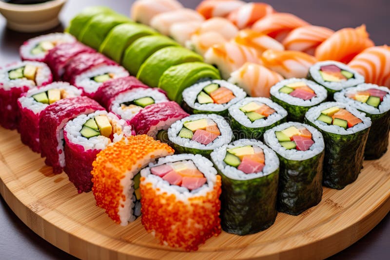 Close-up view of sushi rolls on a bamboo platter. Generative AI. stock illustration