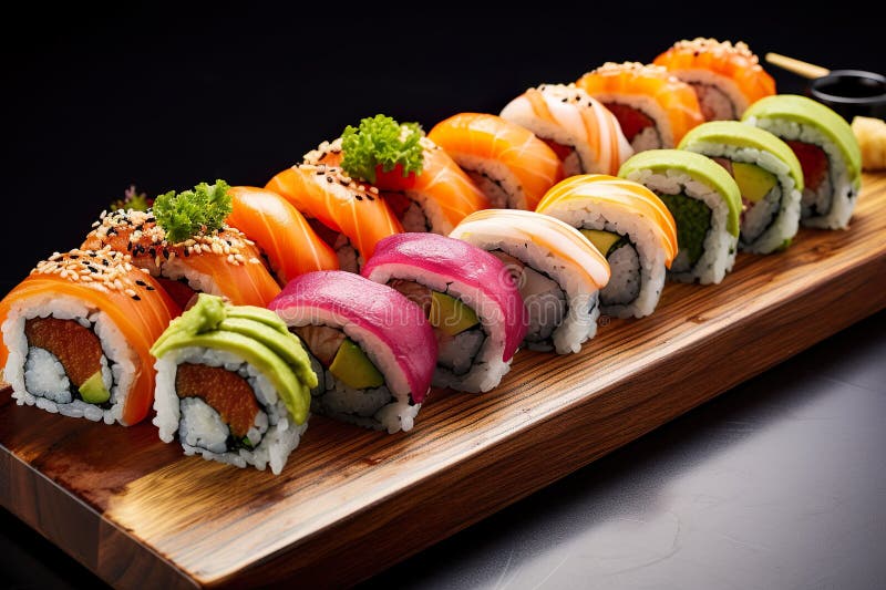 Close-up view of sushi rolls on a bamboo platter. Generative AI. royalty free illustration
