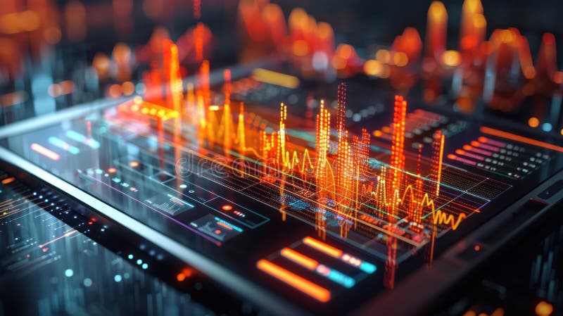 Close-up view of a tablet displaying sophisticated data analytics, with dynamic graphs and digital maps, indicative of high-tech stock illustration
