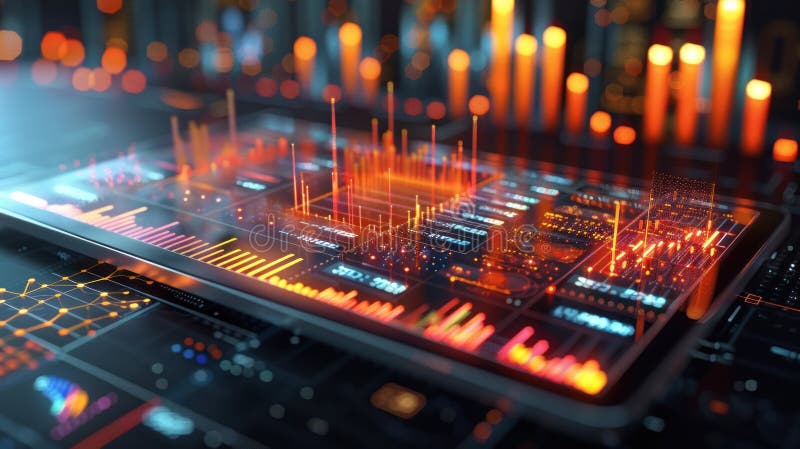 Close-up view of a tablet displaying sophisticated data analytics, with dynamic graphs and digital maps, indicative of high-tech vector illustration