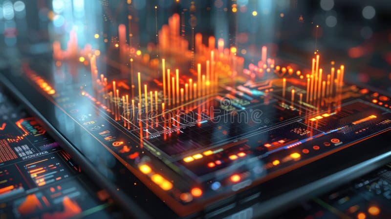 Close-up view of a tablet displaying sophisticated data analytics, with dynamic graphs and digital maps, indicative of high-tech finance or market analysis, Generative AI Illustration