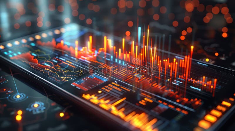 Close-up view of a tablet displaying sophisticated data analytics, with dynamic graphs and digital maps, indicative of high-tech vector illustration