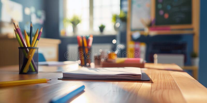 Close Up View of a Techer Desktop in a Classroom. Multiple School Supplies on the Desk and the Background. School Theme stock illustration