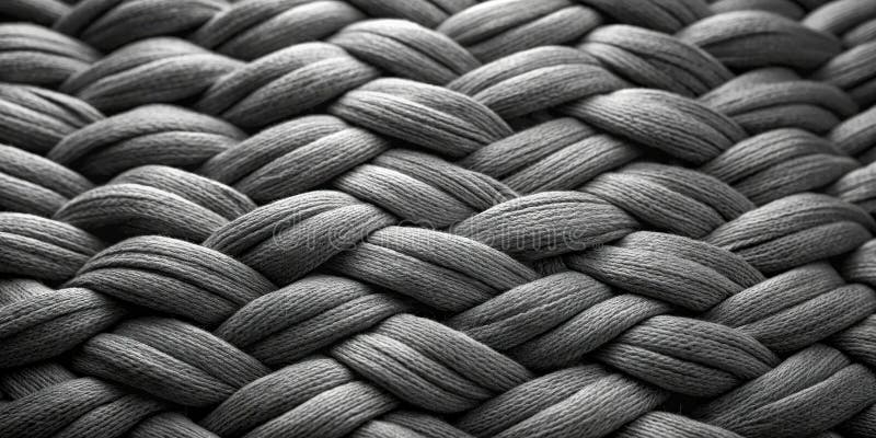 Close-up view of a textured woven fabric with a complex interlacing pattern of thick, dark gray strands. Generative AI vector illustration