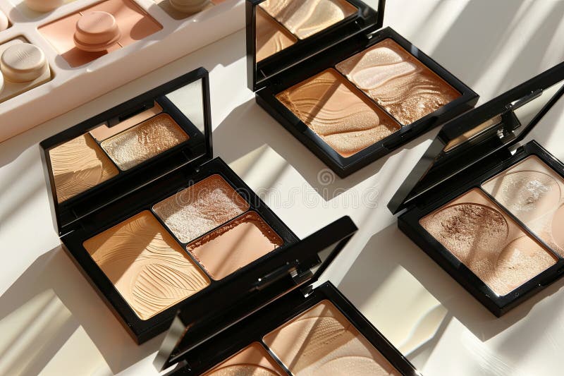 A close-up view of various contouring and highlighting palettes arranged on a light background. Generative AI royalty free stock photo