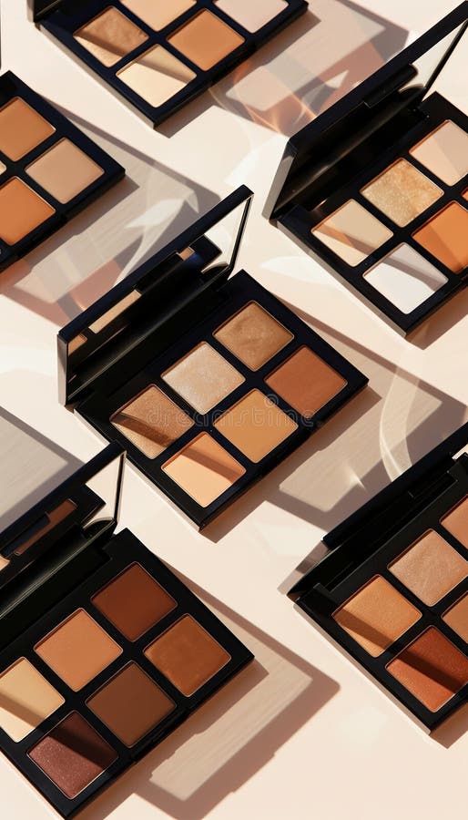 A close-up view of various contouring and highlighting palettes arranged neatly on a light surface. Generative AI stock photo