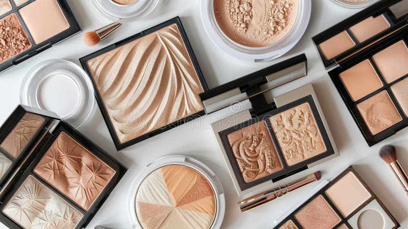 A close-up view of various contouring and highlighting palettes, arranged neatly on a white background. Generative AI stock photos