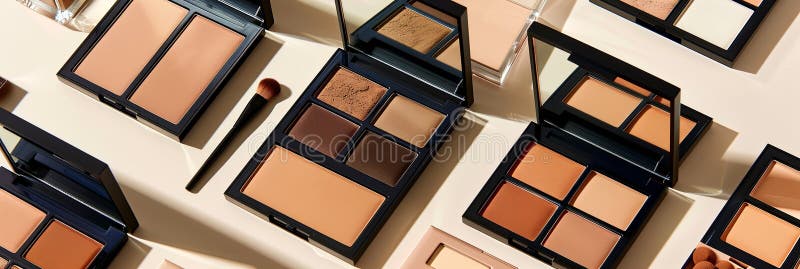 A close-up view of various contouring palettes and highlighters arranged on a light-colored surface. The palettes stock image
