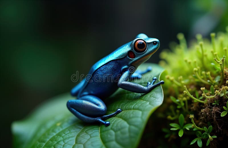 Close-up view of vibrant blue dart frog perched on green leaf. Frog displays striking red eyes. Small amphibian with unique vector illustration