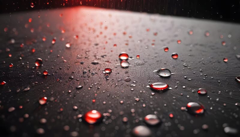 Close-up view of water droplets on a black surface. The droplets are round and reflective, and they are illuminated by a royalty free illustration