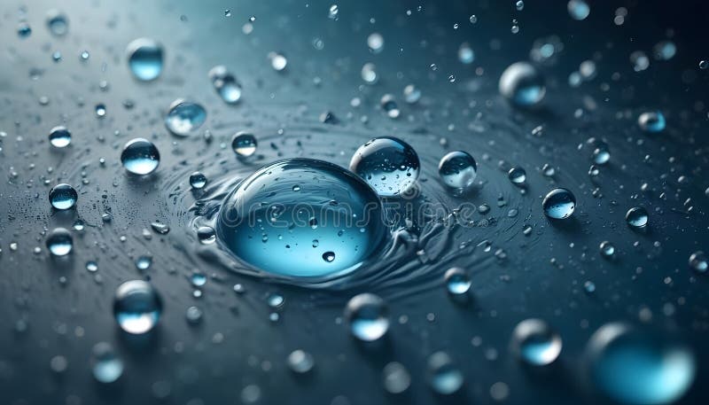 Close-up view of water droplets on a blue surface, with one large droplet creating ripples in the surface. royalty free illustration