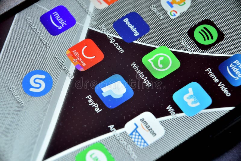 Close-up view of WhatsApp icon app on an Android smartphone, including other icons stock photography
