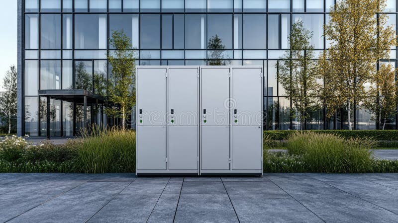 Close-up view of a white metal locker featuring numbered compartments with green dots, highlighting modern design and functionality. AI generated