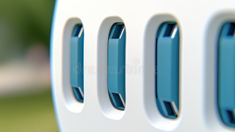 A close-up view of a white object with three blue rectangular openings arranged in a horizontal line. stock images