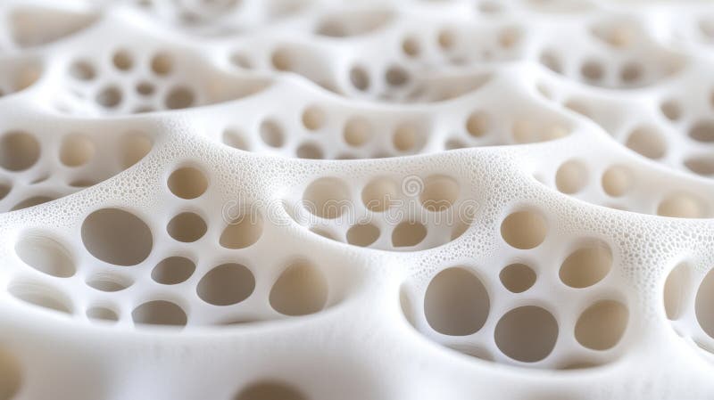 The image presents a close-up view of a white, porous material with a complex, interconnected network of holes. The material appears to be a type of foam or similar substance, with a textured surface that resembles a honeycomb or a web. The holes vary in size and are scattered throughout the material, creating a visually interesting pattern. The material s porous nature suggests it could be used for a variety of purposes, such as cushioning, insulation, or even as a filter. AI generated