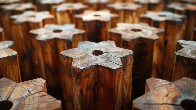 Close-up View of Wooden Support Beams, Showing the Star-Shaped Cutouts for Structural Integrity The Beams Form a Robust Framework royalty free illustration