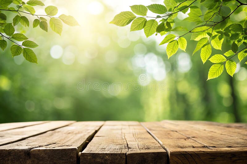 Close up top wooden table with sunny abstract green nature background, blurred bokeh stock illustration