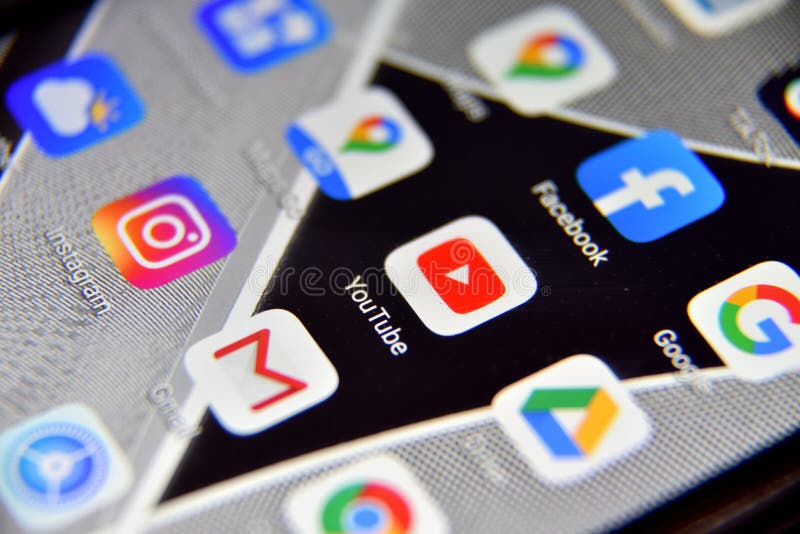 Close-up view of YouTube icon app on an Android smartphone, including other icons royalty free stock photography