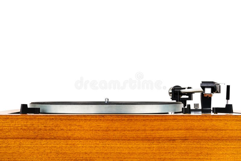 Close up of vintage turntable vinyl record player isolated on white