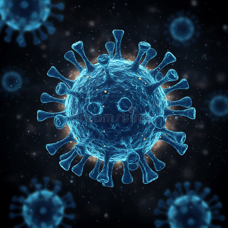 Close-up of a virus-like structure with a spherical blue body and numerous spike stock illustration