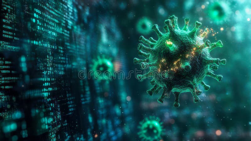 Close-up of a virus particle with digital matrix background, concept of biotechnology research vector illustration