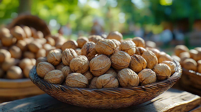 A Close Up of Walnuts in a Rustic Basket Outdoors vector illustration