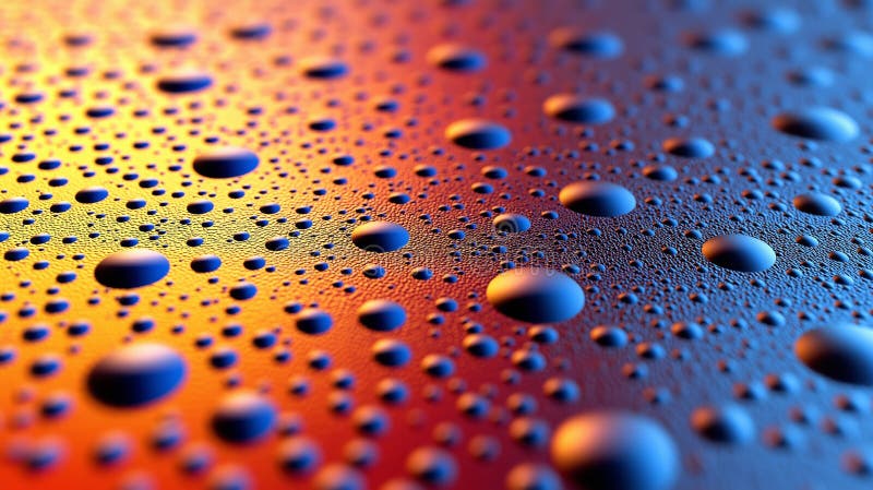 Close-up of water droplets on colorful surface with reflections and gradient light stock image